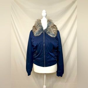 White House Black Market navy bomber jacket with faux fur detail, extra small